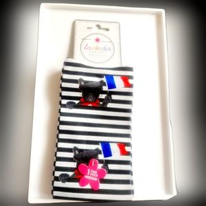 NWT LA DE DA 2-PAIRS OF FRENCH DOG/FLAG STRIPED CREW SOCKS FOR WOMEN!